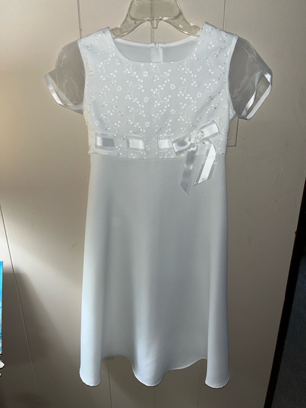 Bonnie Jean Girls White Baptism Dress with Floral Embroidery Size 10